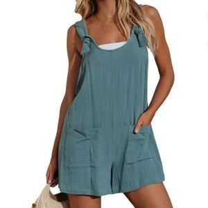 Blue Knot Front Sleeveless Loose Romper with Pockets